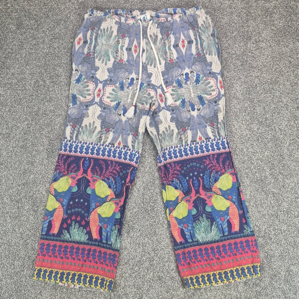 Anthropologie Mermaid Linen Pants Womens Small Wide Leg Boho Elephant Print